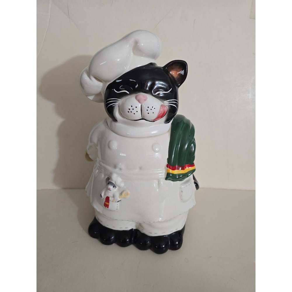 Vintage Style Tuxedo Cat Chef Ceramic Cookie Jar Black White 12 Inch Novelty